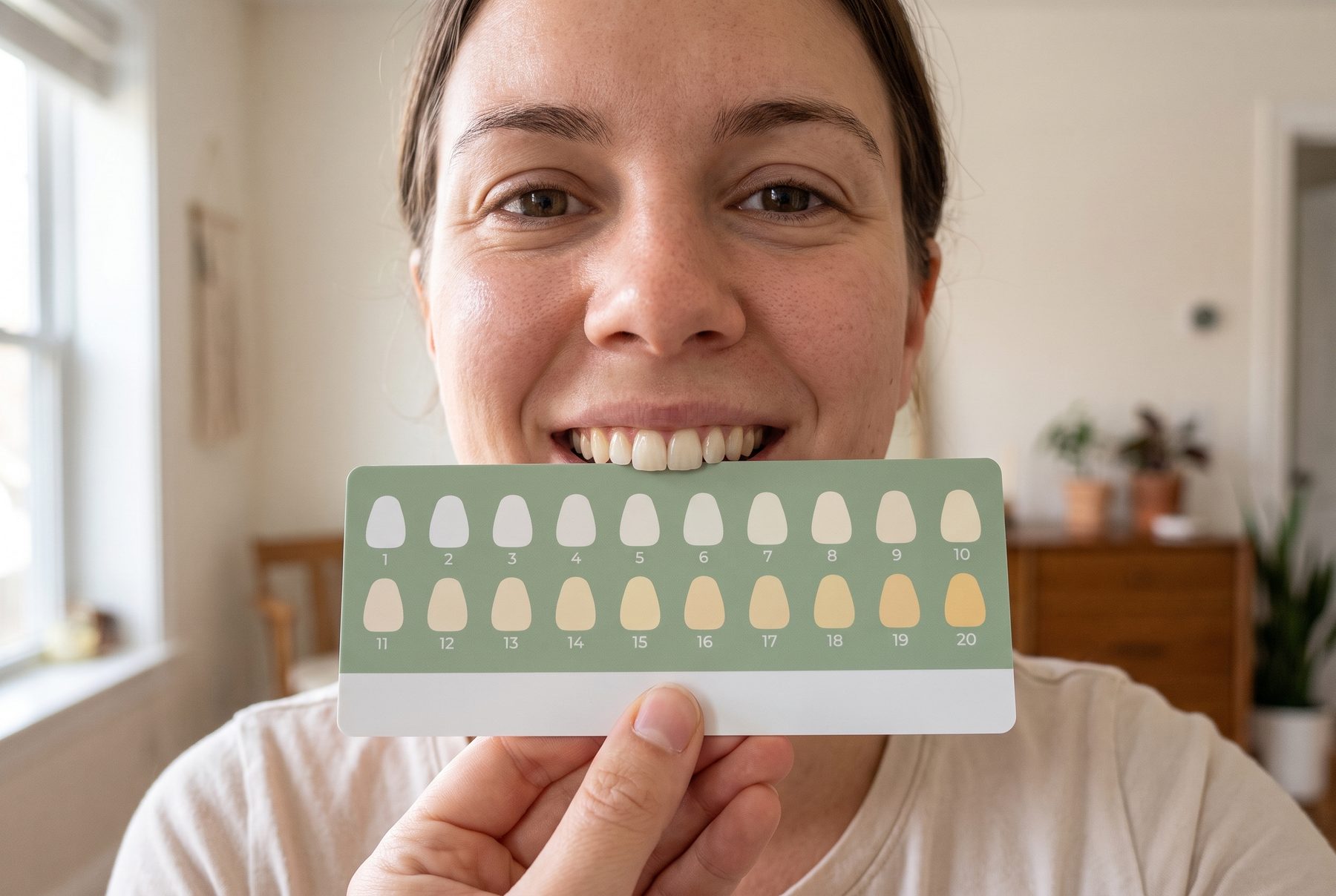 En kunde holder WeSmiles farveskala med 20 trin op ved tænderne
