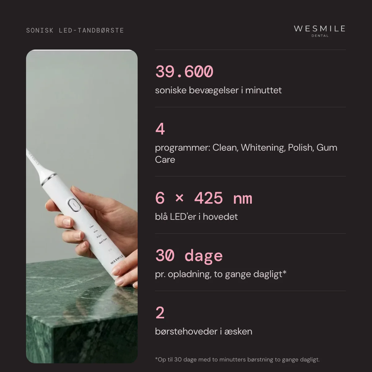 39.600 svingninger i minuttet, 4 tilstande, 6 blå LED'er, op til 30 dage pr. opladning